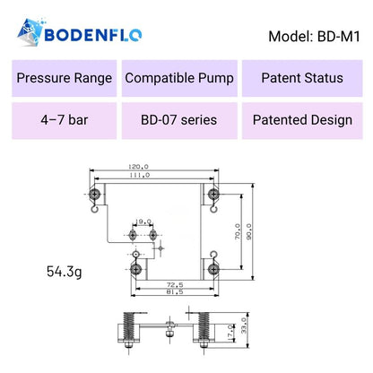 BD-M1 pump vibration mount dimension drawing showing 120 × 90 × 33 mm size, four spring supports and 54.3 g weight for BD-07 series pumps
